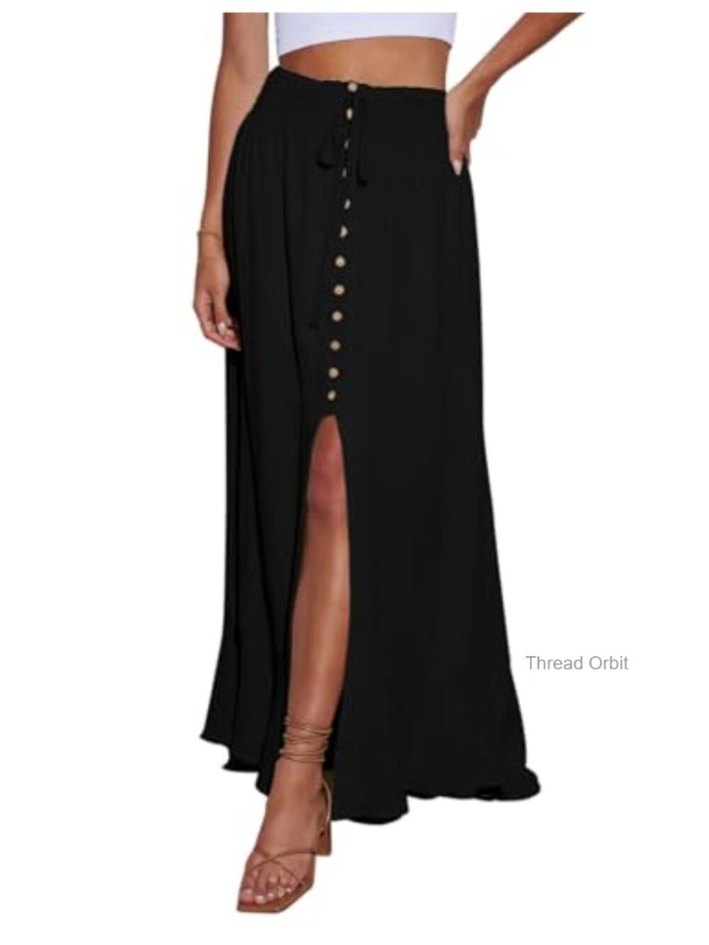 Women's Elastic Waist Button Down Maxi Skirt with Slit, Lightweight, Loose Flowy